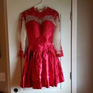 Red satin and white sheer lace dress